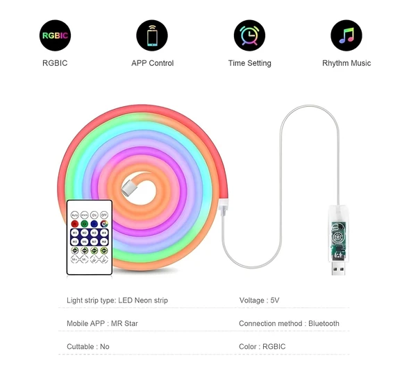 SESE DUYARLI ANİMASYONLU RGB KUMANDALI 5 METRE NEON ŞERİT HORTUM LED USB VE APP UYUMLU - 9