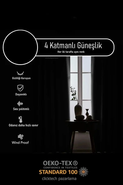 Madame Dower 4 Katmanlı Yalıtımlı Siyah Güneşlik Perde - Toz Önleyici, Sıcak, Soğuk Ve Ses Yalıtımı - Ütü Istemez - 4