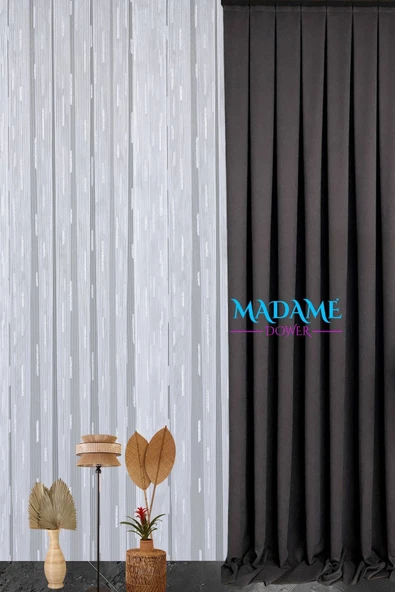 Madame Dower Magic V1 Antrasit Fon Perde 1x3 Sık Pile 2 Kanat - + Masa Örtüsü + Runner + Kırlent Kılıfı + Bağlama