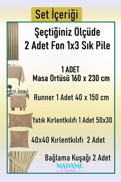 Madame Dower Magic V4 Bej Fon Perde 1x3 Sık Pile 2 Kanat - + Masa Örtüsü + Runner + Kırlent Kılıfı + Bağlama - 2