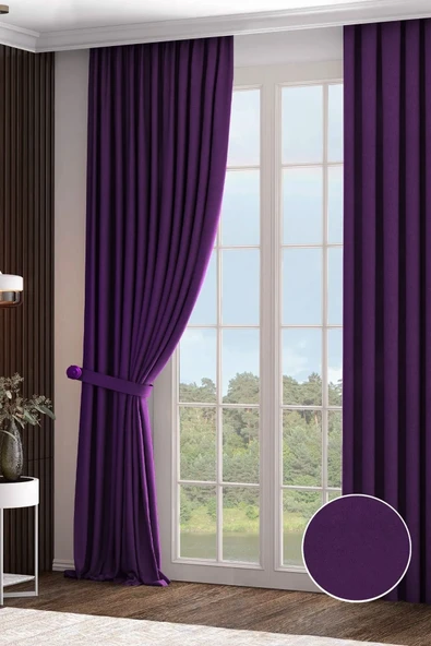 Madame Dower Taç Narden Fon Perde 1x2 Standart Pile Soft Mürdüm Kırlent Kılıfı + Bağlama Kuşağı HEDİYE