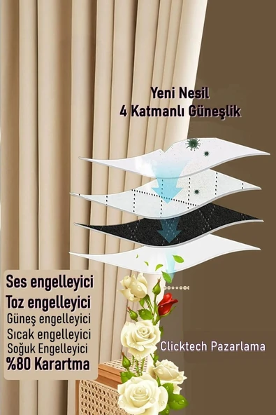Madame Dower 4 Katmanlı Bej Güneşlik Perde - Toz Önleyici, Ses Yalıtımı, Sıcak Ve Soğuk Yalıtımı - 2