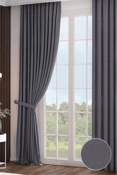 Madame Dower Taç Narden Fon Perde 1x2 Standart Pile Koyu Gri Kırlent Kılıfı + Bağlama Kuşağı HEDİYE