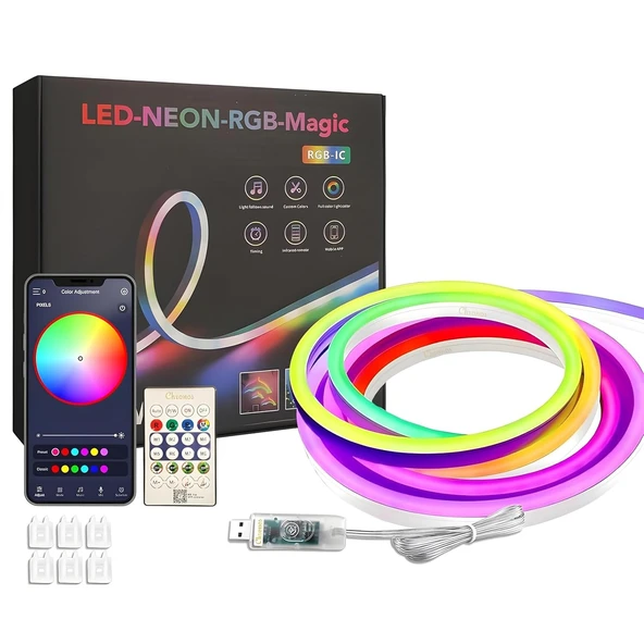 SESE DUYARLI ANİMASYONLU RGB KUMANDALI 5 METRE NEON ŞERİT HORTUM LED USB VE APP UYUMLU