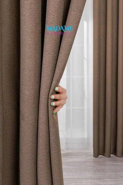 Madame Dower Deste V9 Kahverengi Çift Taraflı Keten Fon ve Karartma Perde - Işık Geçirmez Güneşlik, Kolay Montaj