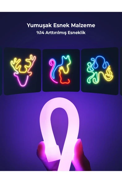 SESE DUYARLI ANİMASYONLU RGB KUMANDALI 5 METRE NEON ŞERİT HORTUM LED USB VE APP UYUMLU - 3