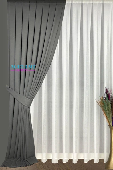 Madame Dower Gölge Gri Elegance Fon Perde 1x3 Sık Pile + Kolbağı Hediye