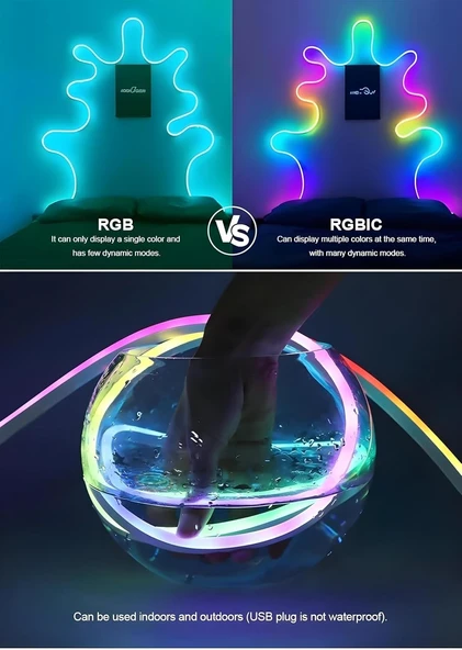 SESE DUYARLI ANİMASYONLU RGB KUMANDALI 5 METRE NEON ŞERİT HORTUM LED USB VE APP UYUMLU - 7
