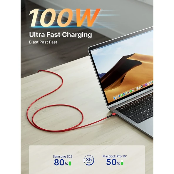 Jsaux 100w 2 Metre 5 Amper Süper Hızlı Type-C to Type-C Şarj Ve Data Kablosu - Kırmızı - cc0020 - Resim 5