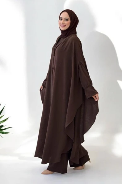 Tunik, Pantolon ve Abaya Üçlü Takım 8663 Kahverengi - Resim 3