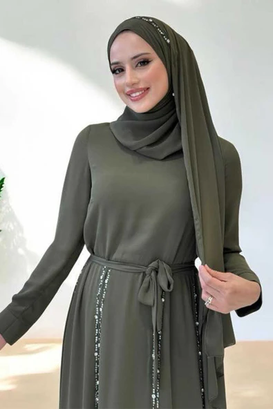 Taş Detaylı Şallı Elbise Takım 3953 Haki - Resim 4