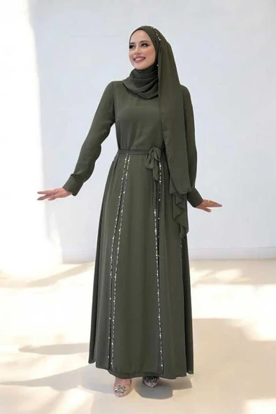 Taş Detaylı Şallı Elbise Takım 3953 Haki - Resim 3