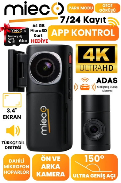 A7 4K UHD /  Wifi / ADAS / 150° Ultra Geniş Açı/ Gece Görüşü / Ön + Arka Araç Kamerası (2025) + Hafıza Kartı Hediyeli