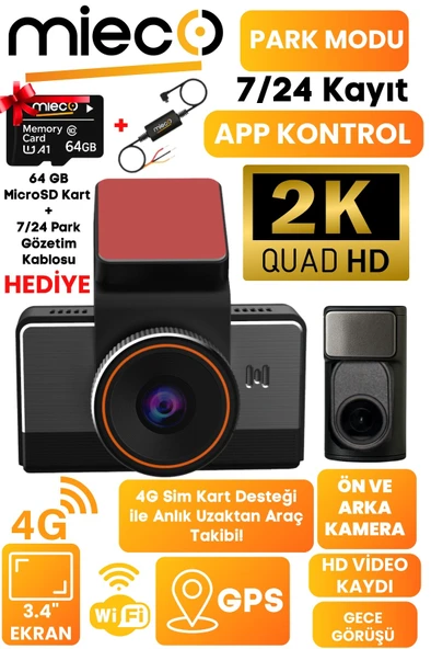G4  2K QHD / GPS / 4G / Wifi / 140° Geniş Açı / Gece Görüşü / Ön + Arka Kamera / Sim Kartlı Araç Kamerası (2025) + Hafıza Kartı ve Park Kiti Hediyeli