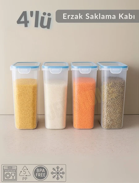4'Lü Erzak Kabı Seti Kilitlenebilir Saklama Kabı Hava Almaz Bakliyat Kabı Bpa Free