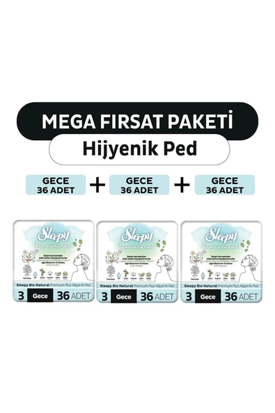 Sleepy Bio Natural Premium Plus Hijyenik Ped Mega Fırsat Paketi Gece 108 Adet ürün görseli