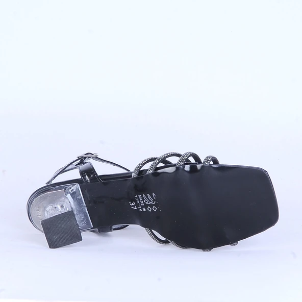 Moda Ayakkabı 530 Siyah Parlak Taşlı Şefaf 7Cm Topuklu Ayakkabı - 7