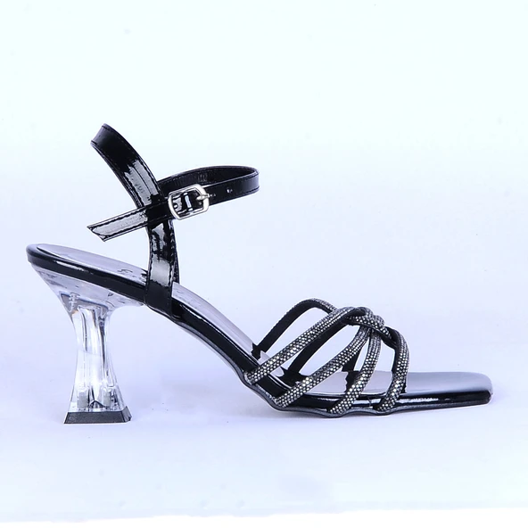 Moda Ayakkabı 530 Siyah Parlak Taşlı Şefaf 7Cm Topuklu Ayakkabı - 5