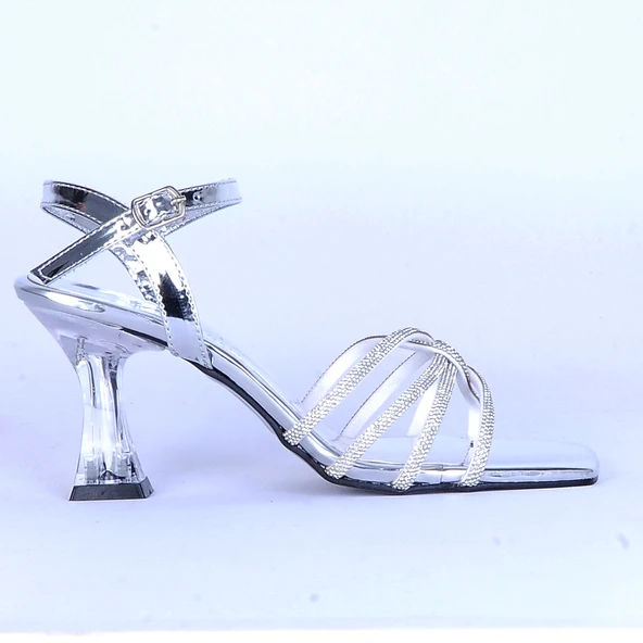Moda Ayakkabı 530 Siyah Parlak Taşlı Şefaf 7Cm Topuklu Ayakkabı - 3