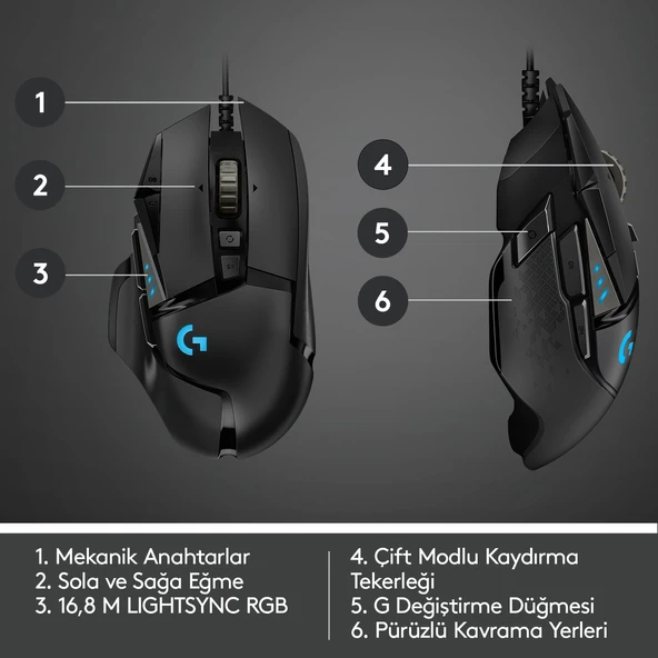Logitech G G502 HERO LIGHTSYNC 25.600 DPI Yüksek Performanslı Kablolu Oyuncu Mouse - Siyah - 7