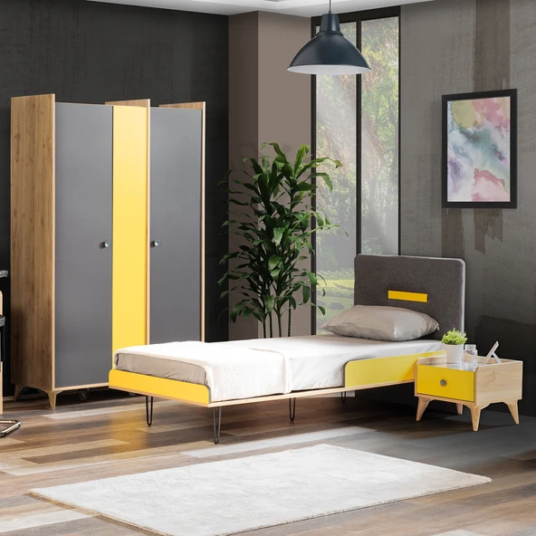 Tarz Genç Odası - 3 Kapaklı Dolap, Karyola, Komodin