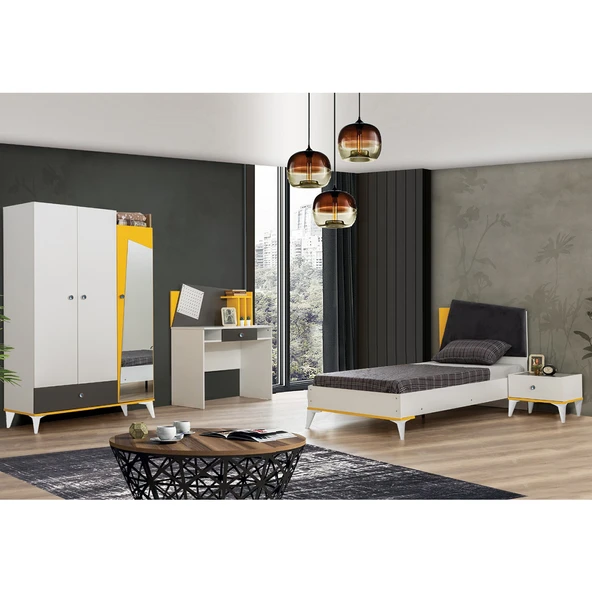 Giallo Genç Odası - 3 Kapılı Dolap, Karyola, Komodin, Masa