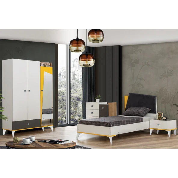 Giallo Genç Odası - 3 Kapılı Dolap, Karyola, Komodin, Şifonyer