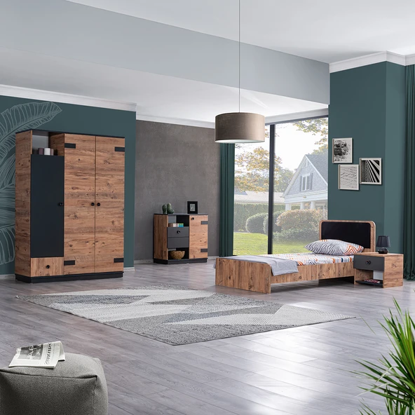 Milas Genç Odası - 3 Kapılı Dolap, Karyola, Komodin, Şifonyer