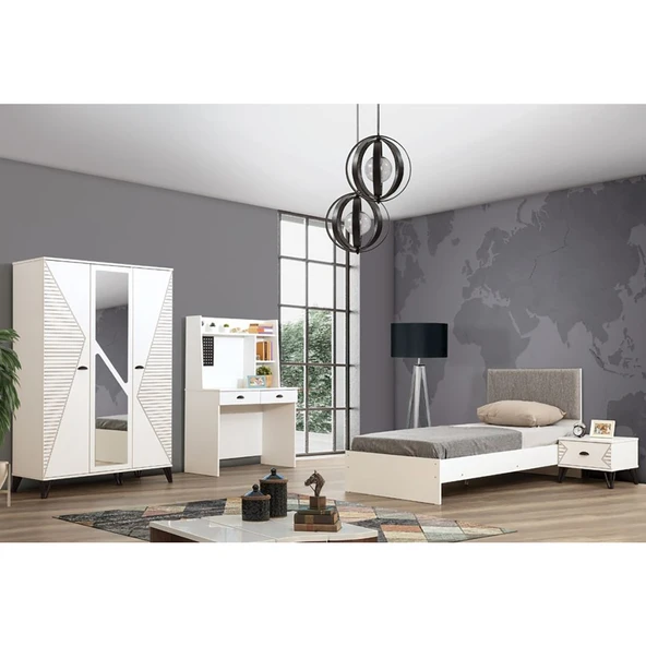 Safir Genç Odası - 3 Kapılı Dolap, Karyola, Komodin, Masa