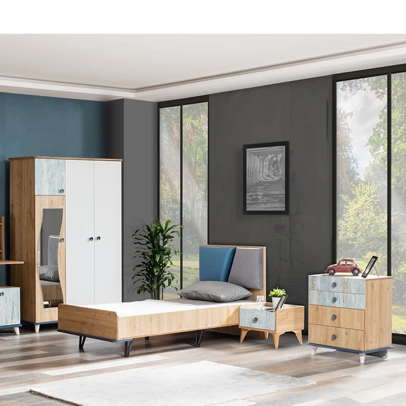 Lotus Genç Odası - 3 Kapılı Dolap, Karyola, Komodin, Şifonyer