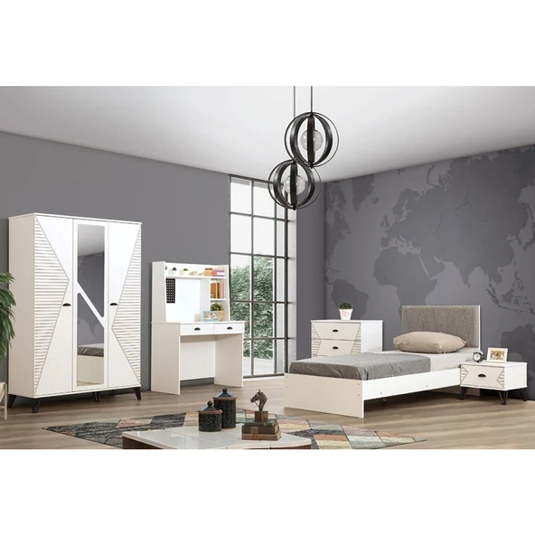 Safir Genç Odası - 3 Kapılı Dolap, Karyola, Komodin, Şifonyer, Masa