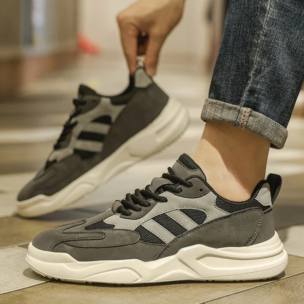 Erkek Günlük Spor Ayakkabı - Bağcıklı - Düz Taban (Bej - Gri) - Resim 5