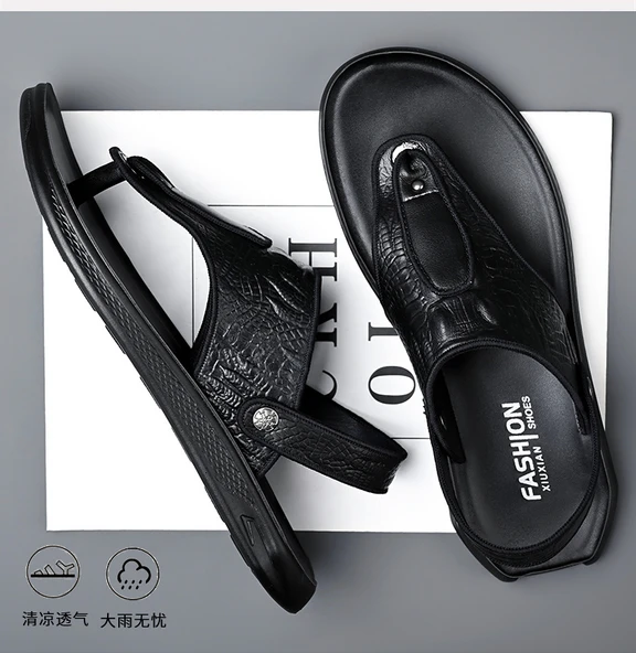 Erkek Deri Parmak Arası Sandalet (Siyah) - Resim 11