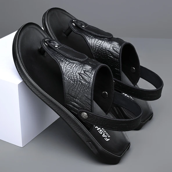 Erkek Deri Parmak Arası Sandalet (Siyah) - Resim 6