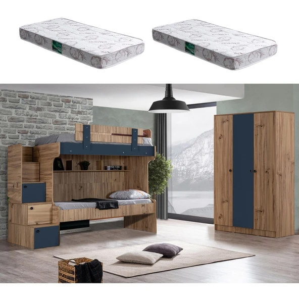 Ranza, Riva Merdivenli 2'li Ranza + 3 Kapılı Dolap + 2 Adet Comfort Yatak