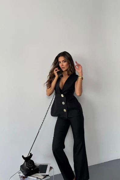 KETEN GOLD DÜĞMELİ YELEK - PANTOLON TK - Siyah