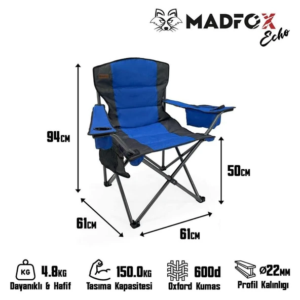 Katlanır Kamp Piknik Sandalyesi - Madfox Echo - Bardaklıklı - Mavi - 547287 - Taşıma Çantalı - 5