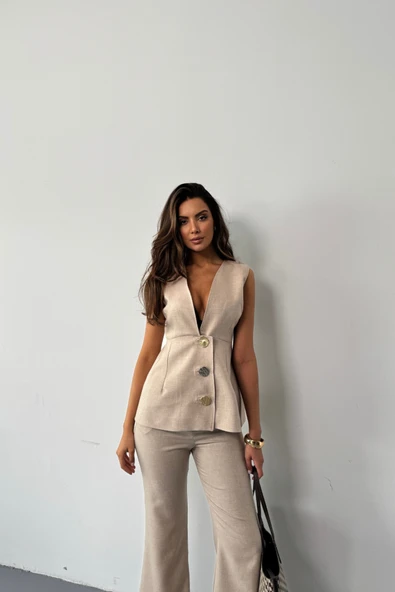 KETEN GOLD DÜĞMELİ YELEK - PANTOLON TK - Bej