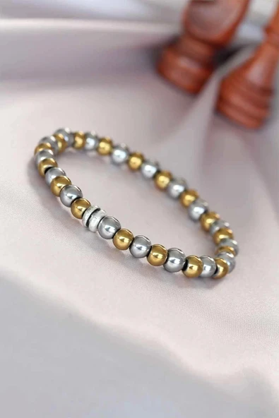 MuI MuI Hematit Silver Gold Renk Doğal Taş Erkek Bileklik