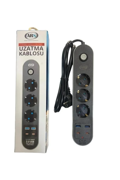 Ars 3'Lü Akım Korumalı Anahtarlı 2 USB 1 Typec 2 Mt