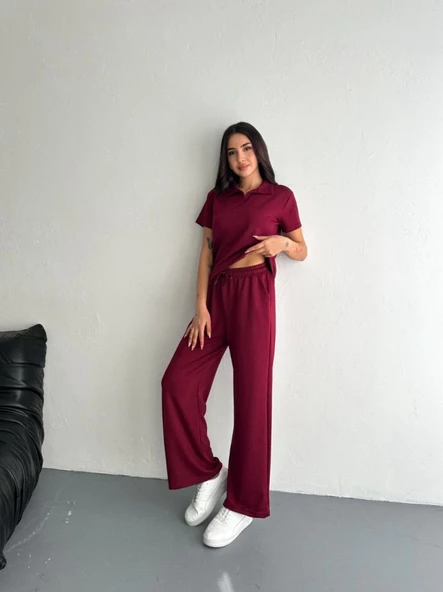 Lucky Life Kadın Yumuşak Dokulu Kumaş Kısa Kollu Lucky Life Kadın Yakalı T-shirt Pantalon Ikili Takım- Bordo - 2