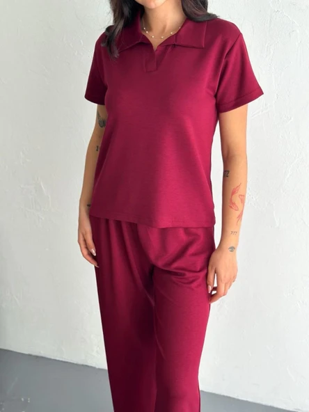 Lucky Life Kadın Yumuşak Dokulu Kumaş Kısa Kollu Lucky Life Kadın Yakalı T-shirt Pantalon Ikili Takım- Bordo