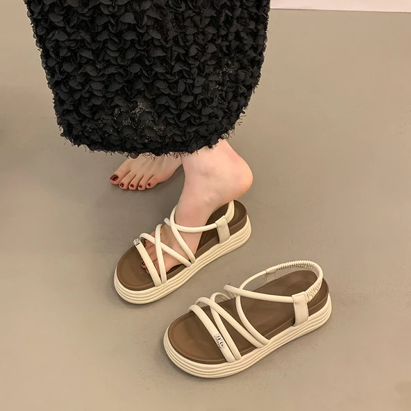 Kadın Platform Sandalet - Retro Roma Tarzı - Taşlı (Bej) - 4