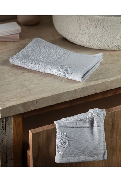 Orva Nakışlı %100 Pamuk 2'li El Havlusu - Gri - 30x45 cm ürün görseli 1