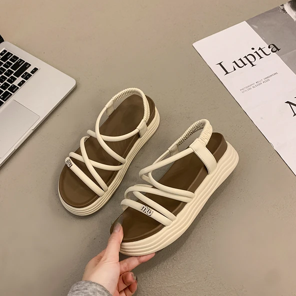 Kadın Platform Sandalet - Retro Roma Tarzı - Taşlı (Bej)