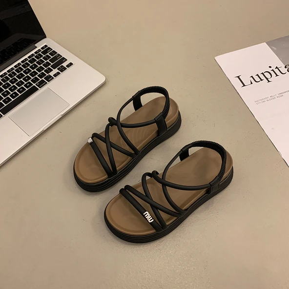Kadın Platform Sandalet - Retro Roma Tarzı - Taşlı (Bej) - 8