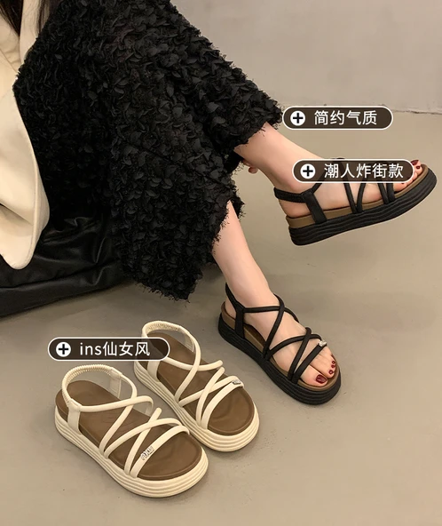 Kadın Platform Sandalet - Retro Roma Tarzı - Taşlı (Siyah) - 11