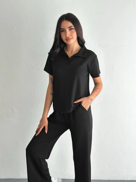 Lucky Life Kadın Yumuşak Dokulu Kumaş Kısa Kollu Lucky Life Kadın Yakalı T-shirt Pantalon Ikili Takım- Siyah