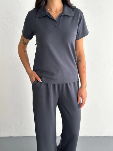 Lucky Life Kadın Yumuşak Dokulu Kumaş Kısa Kollu Lucky Life Kadın Yakalı T-shirt Pantalon Ikili Takım- Antrasit - 4