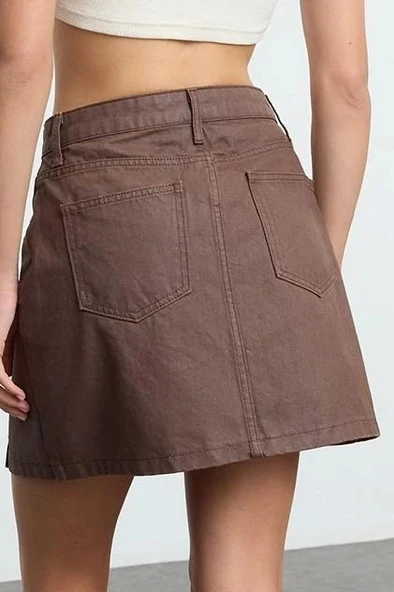 Modern Tarz Astarsız Denim Mini Boy Deri Kaplamalı Pileli Mini Denim Etek - 5